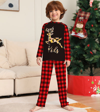 Kids' black and red buffalo plaid pajamas with a colorful deer graphic and "Kids" text on the top. - Image 15