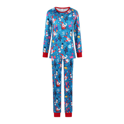 Family matching Christmas pajamas in blue with Santa, snowman, and tree print. Includes adult two-piece sets and a baby romper. - Image 12