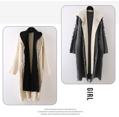 Cardigan Tejido con Capucha y Borlas - Suéter Falsa Dos Piezas Largo - Image 9
