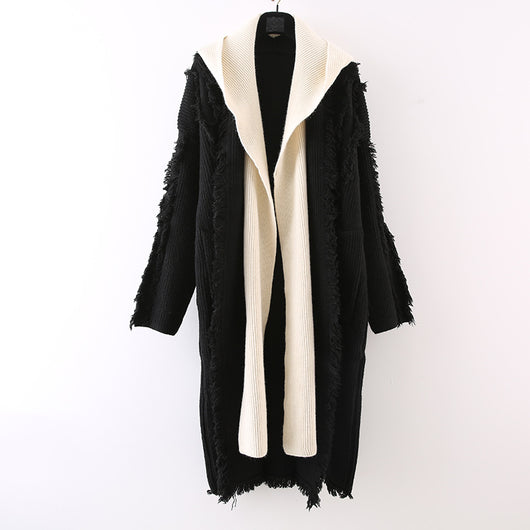 Cardigan Tejido con Capucha y Borlas - Suéter Falsa Dos Piezas Largo - Image 12