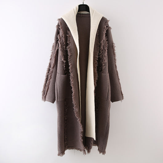 Cardigan Tejido con Capucha y Borlas - Suéter Falsa Dos Piezas Largo - Image 13
