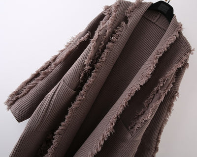 Cardigan Tejido con Capucha y Borlas - Suéter Falsa Dos Piezas Largo - Image 14