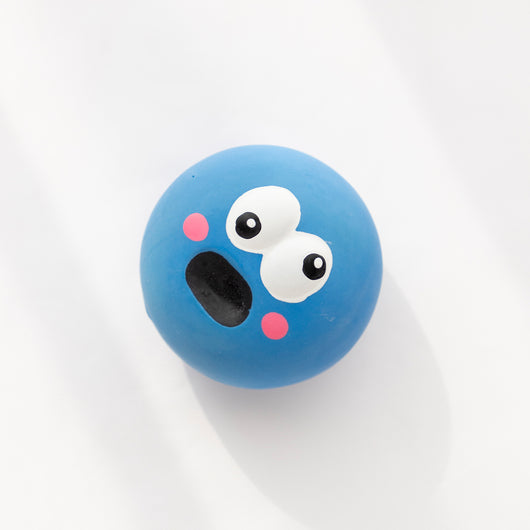 Blue rubber pet toy with big white eyes, black pupils, an open black mouth, and pink blush spots, for dogs and cats. - Image 6