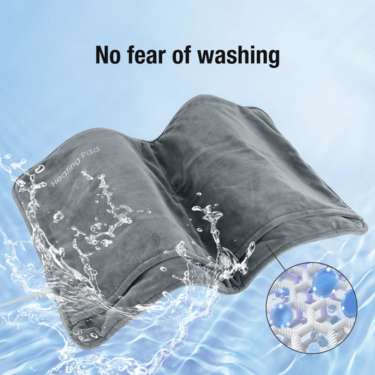Gray USB electric heating pad, white USB cable, instruction manual, and daisy-patterned storage bag. - Image 9