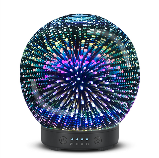 Spherical 3D aromatherapy essential oil diffuser with 7 LED color lighting modes and a black base.