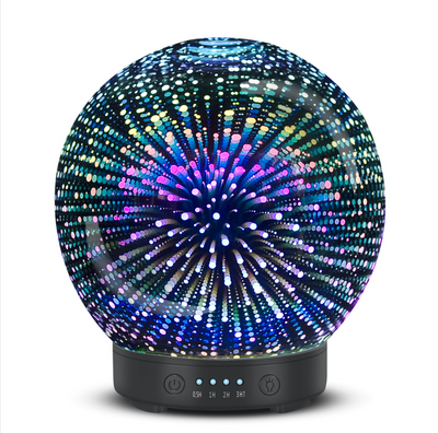 Spherical 3D aromatherapy essential oil diffuser with 7 LED color lighting modes and a black base.