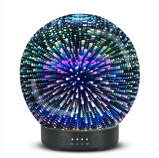 Spherical 3D aromatherapy essential oil diffuser with 7 LED color lighting modes and a black base.