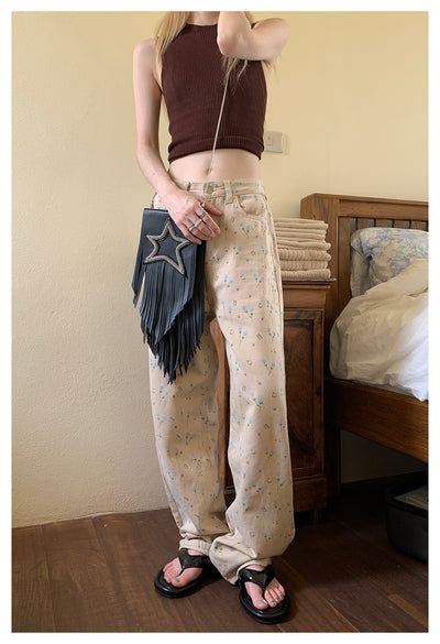 Jeans Retro Cintura Alta Floral Claro Holgado Recto Mujer - Image 27