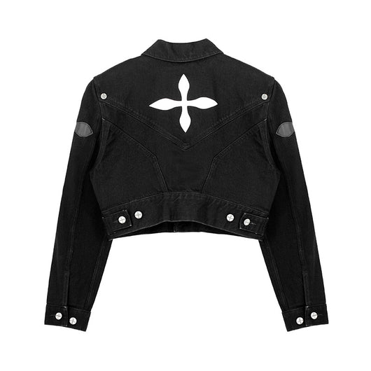 Chaqueta Denim Corta Patchwork Cuero - Estilo Casual Versátil - Image 7