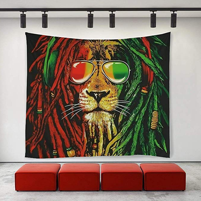 Lion tapestry art featuring a lion's head with red and green dreadlocks, wearing aviator sunglasses.