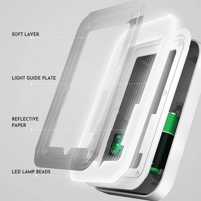 Pink LED makeup mirror with a rectangular shape, built-in lights, and a touch-sensitive power button. - Image 6