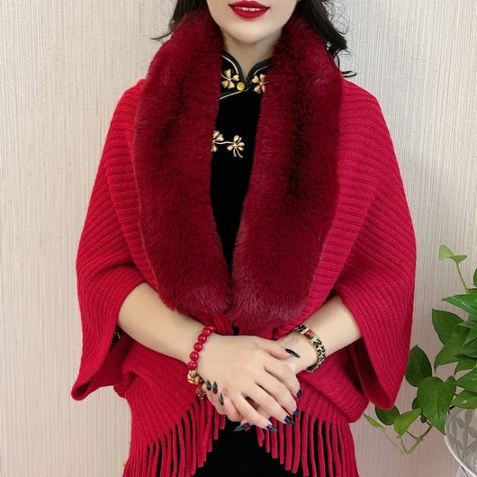 Chal Tejido con Cuello de Piel y Borlas para Mujer - Image 11