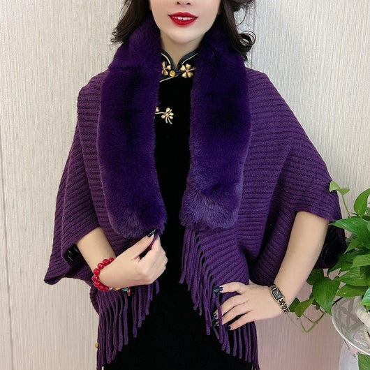 Chal Tejido con Cuello de Piel y Borlas para Mujer - Image 14