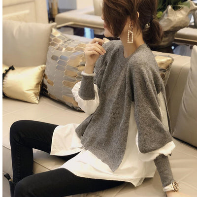Suéter Mujer Otoño Invierno Estilo Europeo Falsa Dos Piezas Tejido Premium - Image 9