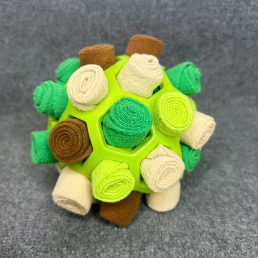 Red plastic pet sniffing mat dog toy with rolled fabric pieces in red, green, brown, and white. - Image 16