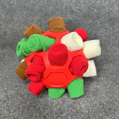 Red plastic pet sniffing mat dog toy with rolled fabric pieces in red, green, brown, and white. - Image 17
