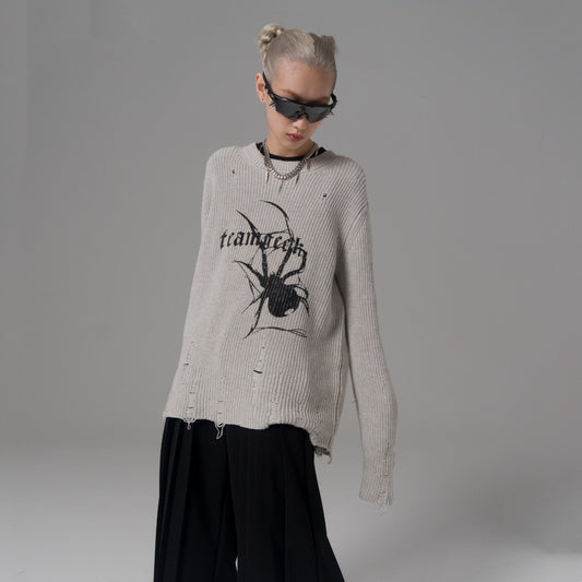 Suéter Holgado con Estampado Araña y Detalles Rotos