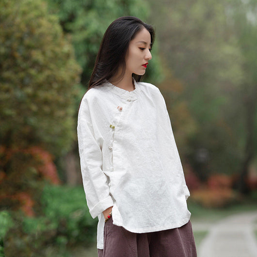Blusa Retro de Algodón y Lino con Cuello Mao y Abertura Lateral - Otoño Invierno - Image 9