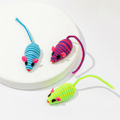 Pink and purple striped rope mouse cat toy with felt ears and black eyes, featuring a long flexible tail. - Image 9