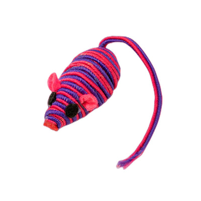 Pink and purple striped rope mouse cat toy with felt ears and black eyes, featuring a long flexible tail. - Image 14