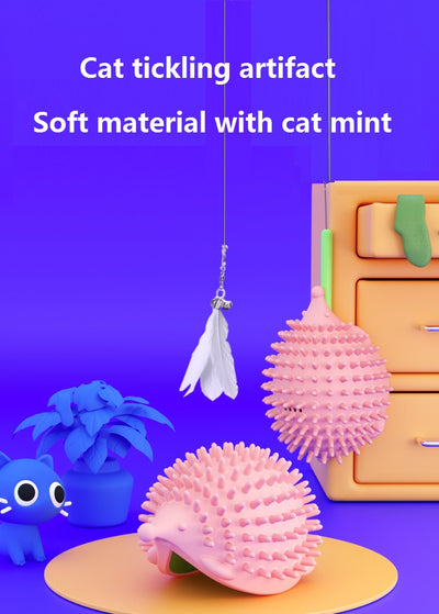 Lime green hedgehog-shaped cat toy with soft spikes, next to its matching green packaging box. - Image 9