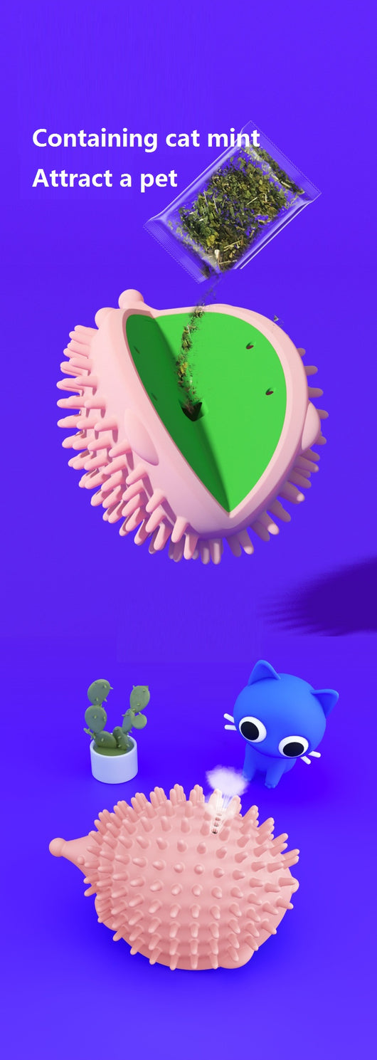 Lime green hedgehog-shaped cat toy with soft spikes, next to its matching green packaging box. - Image 11