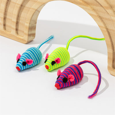 Pink and purple striped rope mouse cat toy with felt ears and black eyes, featuring a long flexible tail. - Image 18