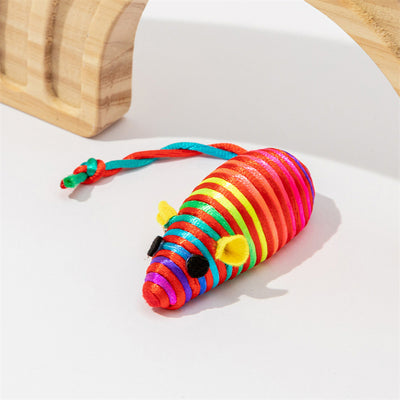 Pink and purple striped rope mouse cat toy with felt ears and black eyes, featuring a long flexible tail. - Image 19