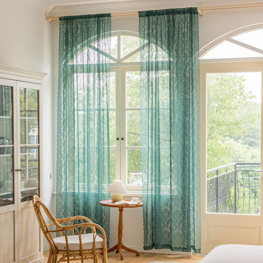 Close-up of a dark green lace curtain with an intricate floral and scrollwork pattern on sheer polyester fabric. - Image 10