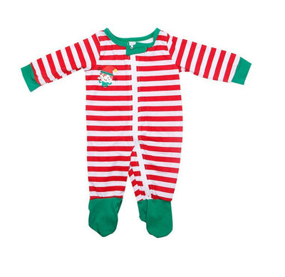 Red and white striped baby footed sleeper with green cuffs and an elf graphic, featuring a full-length zipper. - Image 15