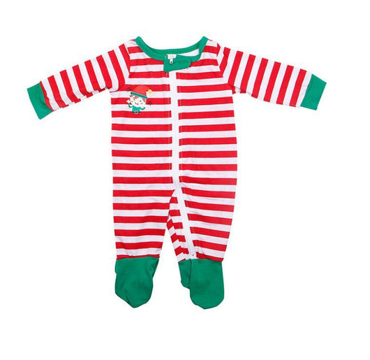 Red and white striped baby footed sleeper with green cuffs and an elf graphic, featuring a full-length zipper. - Image 15