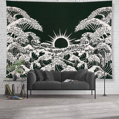 Black and white tapestry featuring a stylized sun with a face and large ocean waves with boats, inspired by Hokusai. - Image 12