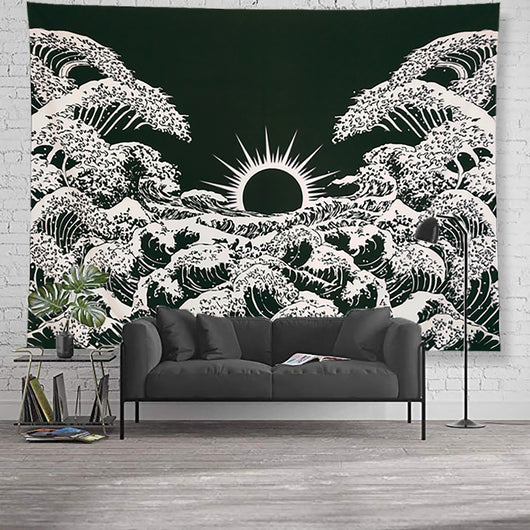 Black and white tapestry featuring a stylized sun with a face and large ocean waves with boats, inspired by Hokusai. - Image 12