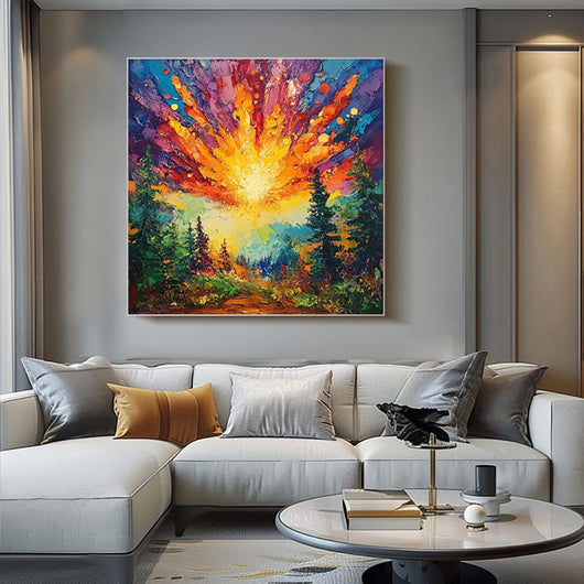 Cuadro Óleo Pintado a Mano - Amanecer en el Bosque con Luz Brillante | Arte Moderno 3D para Hogar - Image 6