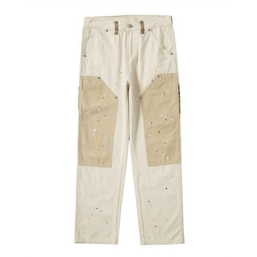 Pantalones Casuales Khaki con Diseño Patchwork y Salpicaduras de Tinta - Image 12