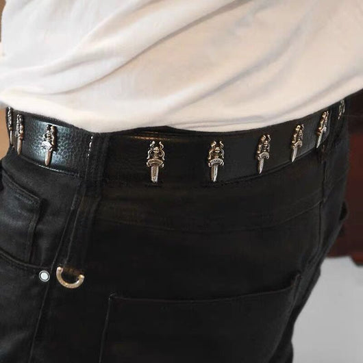 Cinturón Retro Punk de Plata 925 con Rodillo Tallado en Cuero Genuino - Image 14