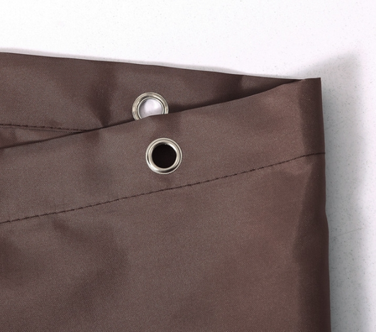 Solid brown polyester shower curtain with metal grommets and hooks, hanging from a silver shower rod. - Image 7