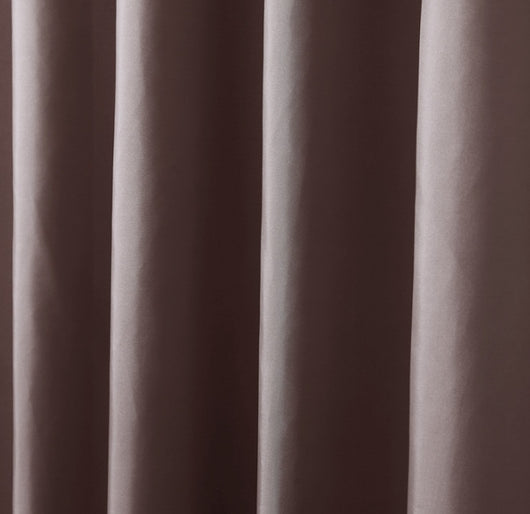 Solid brown polyester shower curtain with metal grommets and hooks, hanging from a silver shower rod. - Image 9