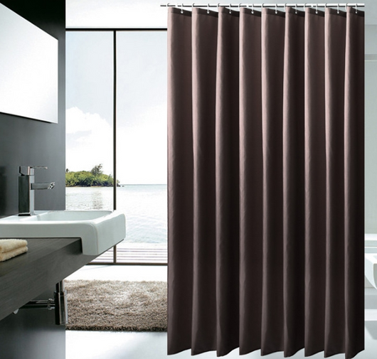 Solid brown polyester shower curtain with metal grommets and hooks, hanging from a silver shower rod. - Image 10