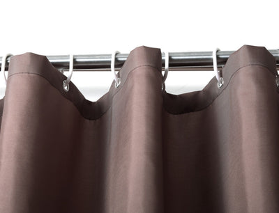 Solid brown polyester shower curtain with metal grommets and hooks, hanging from a silver shower rod. - Image 13
