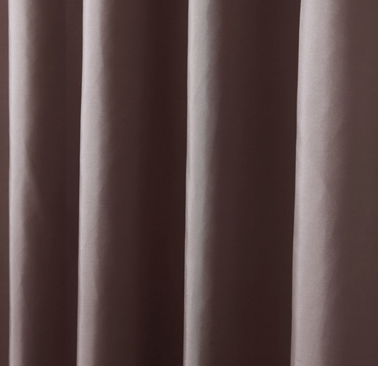 Solid brown polyester shower curtain with metal grommets and hooks, hanging from a silver shower rod. - Image 14
