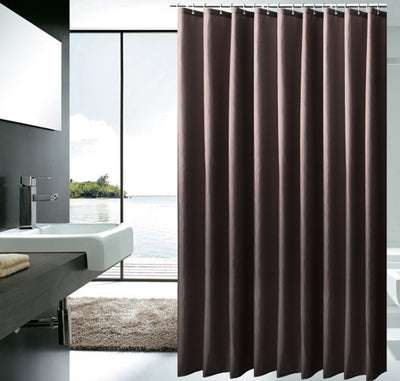 Solid brown polyester shower curtain with metal grommets and hooks, hanging from a silver shower rod. - Image 15