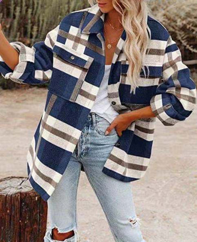Chaqueta de Lana Cuadros para Mujer Manga Larga Suelta - Image 9