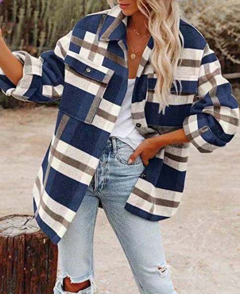 Chaqueta de Lana Cuadros para Mujer Manga Larga Suelta - Image 9