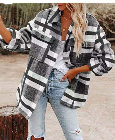 Chaqueta de Lana Cuadros para Mujer Manga Larga Suelta - Image 11