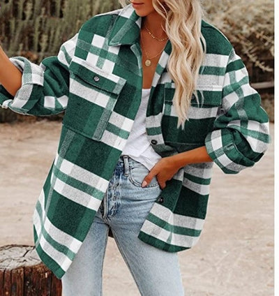 Chaqueta de Lana Cuadros para Mujer Manga Larga Suelta - Image 12