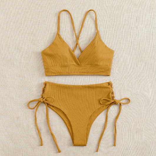 Light green ribbed bikini set with a V-neck bralette top and high-waisted bottoms featuring side tie details. - Image 4