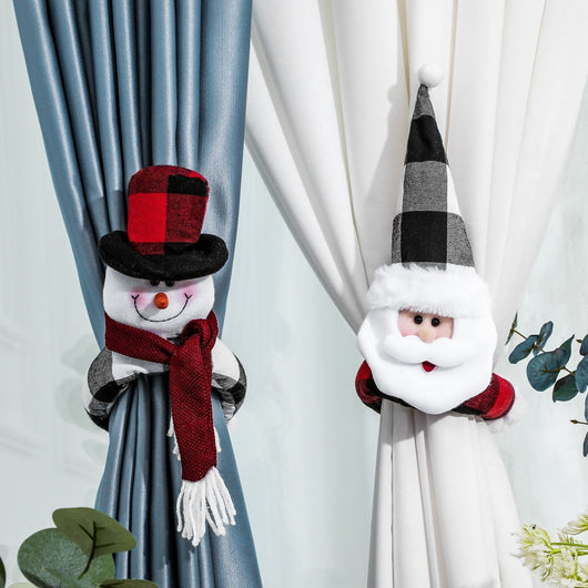Santa Claus curtain buckle with a black and white buffalo plaid hat, white beard, and red body holding a blue curtain.