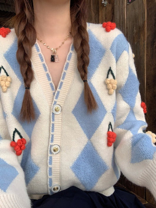 Cardigan Tejido Cuadros 3D Cuello V Manga Larga Oversized - Image 9
