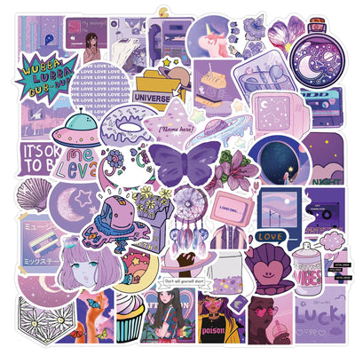 Set of 50 purple-themed graffiti stickers featuring diverse cartoon and aesthetic designs for personalization. - Image 6